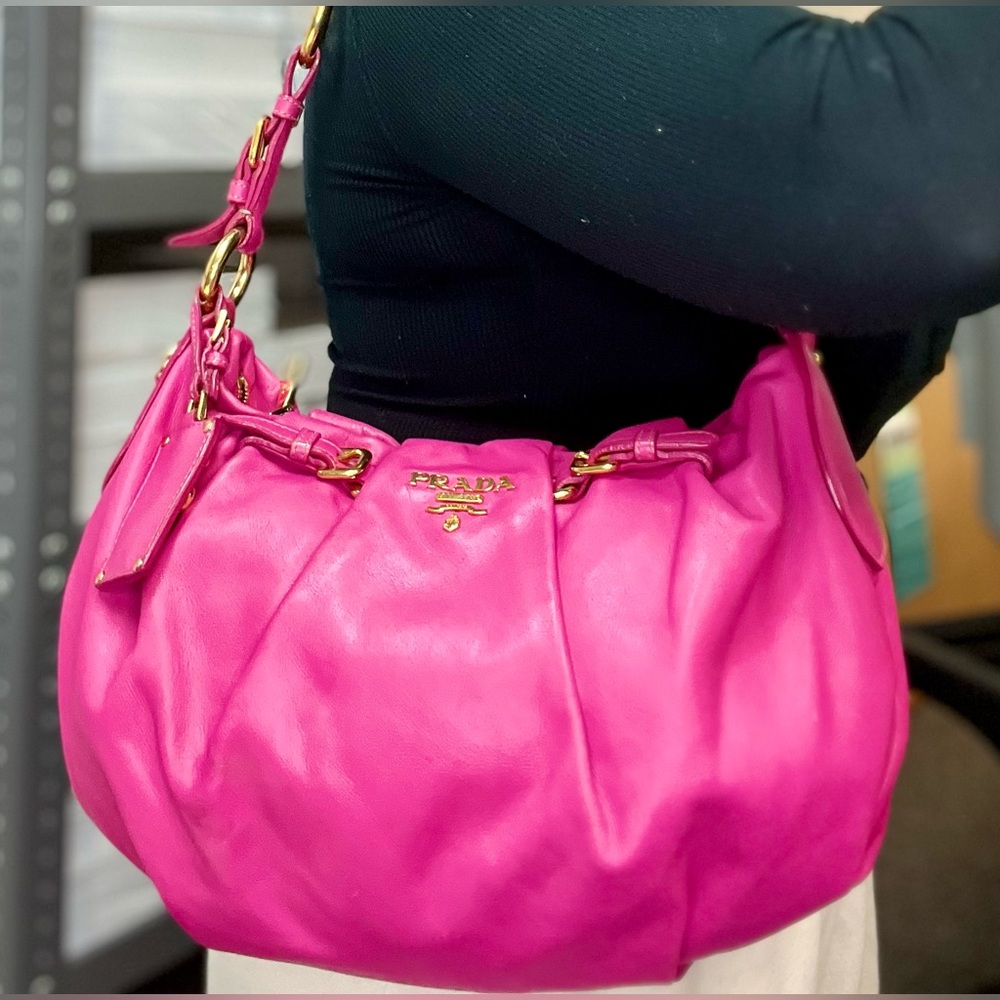 Prada Buckle Pleated Soft Calfskin Leather Shoulder Bag